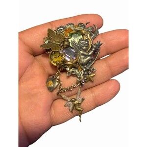 VTG Multi Charm Brooch Pendant W/ Fairy, Angel, Butterfly, & Clock